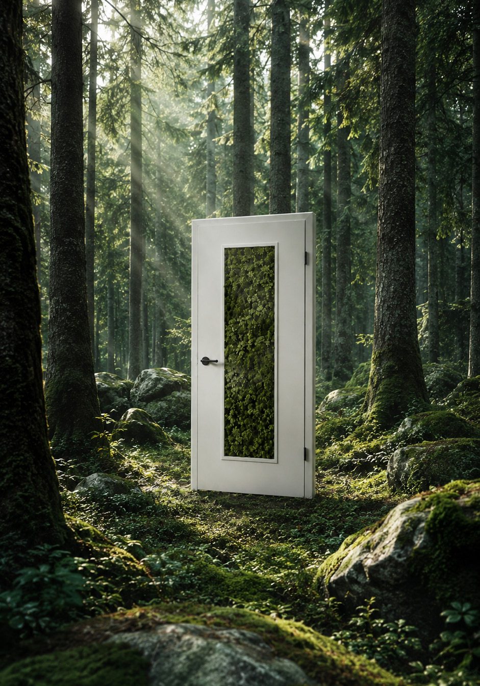 CasaMoa MoosTÜR – weiße Innentür mit großem Moos-Panel in einem modernen Wohnraum