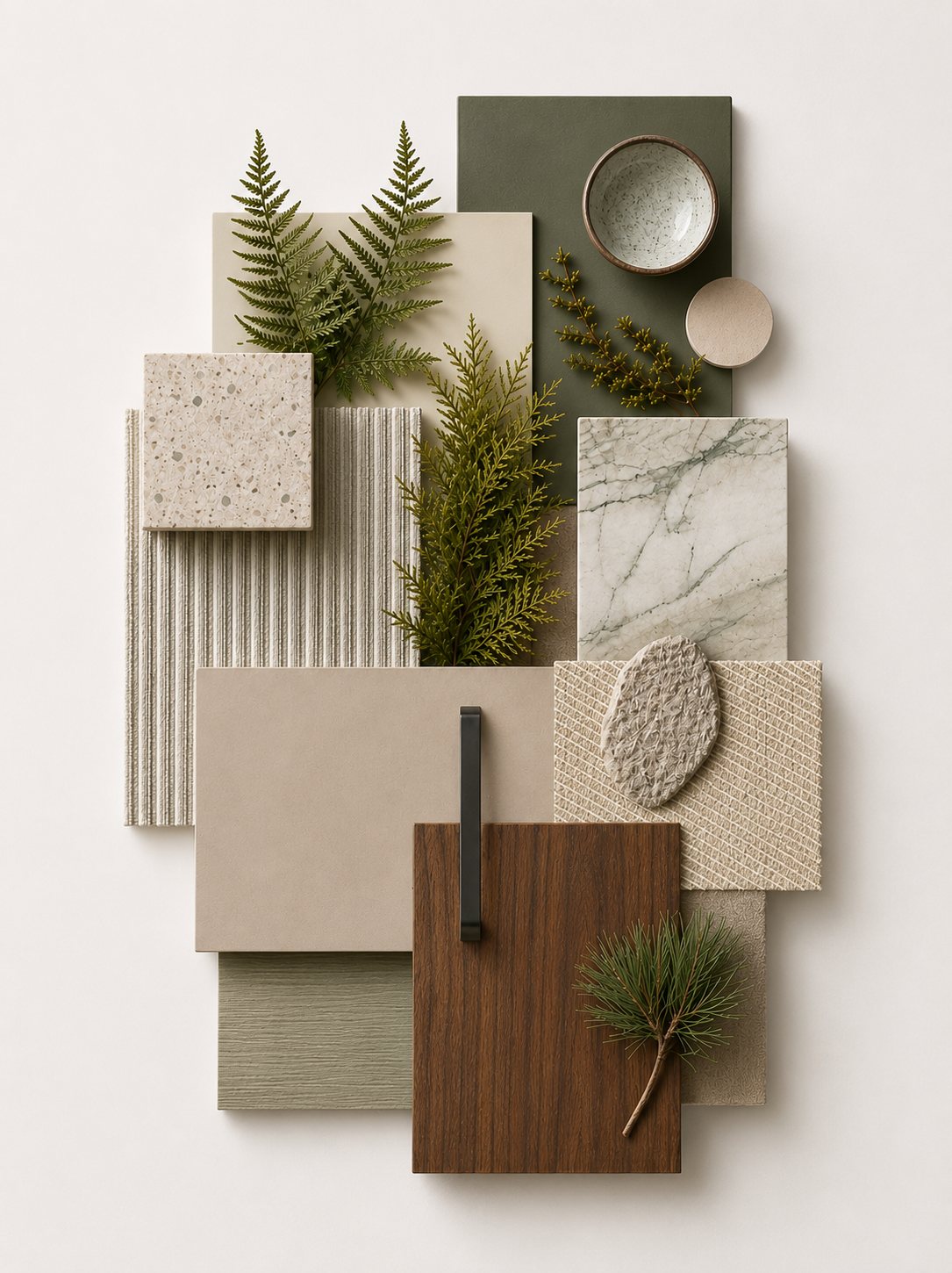 Material-Collage – Naturholz, Stein und Textil im Zusammenspiel